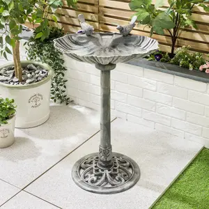 Garden Bird Bath Clam Shell Birdbath With Rustic Metal Effect Grey H81cm Christow