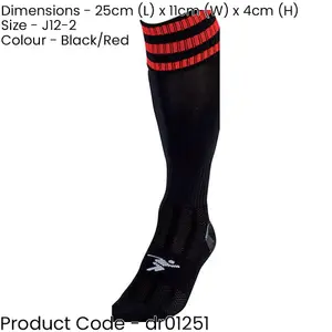 JUNIOR Size 12-2 Pro 3 Stripe Football Socks - BLACK/RED - Contoured Ankle