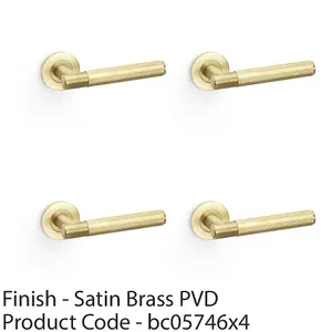 4 PACK - SOLID BRASS Knurled Door Handle Set - Satin Brass Straight Lever on Round Rose