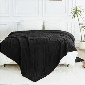 Large Sherpa Fleece Blanket  Fluffy Throw For Sofas, Bed, Armchair Jacquard Pattern King Size Throw Thermal Black