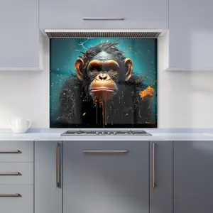 Monkey Face Splashart Blue Premium Glass Kitchen Splashback W900mm x H750mm