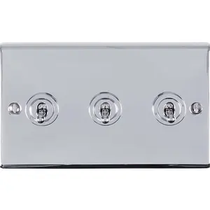 3 Gang Triple Retro Toggle Light Switch POLISHED CHROME 10A 2 Way Lever Plate