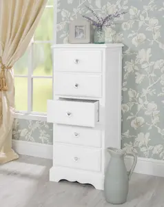 Romance True White 5 Drawer Tallboy with Crystal Handles