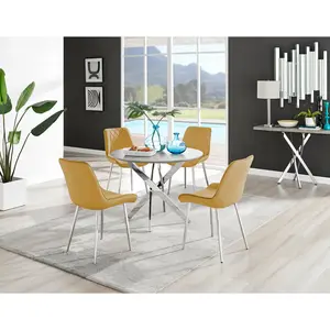 Tierra Modern Chrome Metal & Glass Round Dining Table Set with 4 Luxury Velvet Dining Chairs Silver / Mustard/Silver / 75 x 100 x 100cm