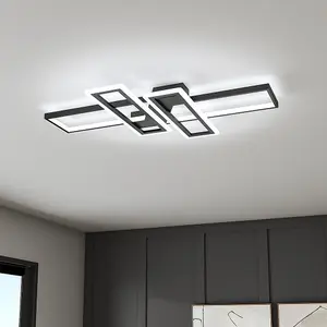 Geometric Black Frame Rectangular LED Semi Flush Ceiling Light in White Light