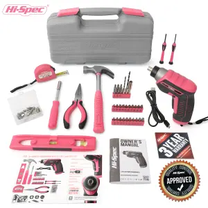 Hi-Spec 35pc Pink 3.6V USB Power Cordless Screwdriver & Home Repair Hand Tool Kit Set in a Tool Box