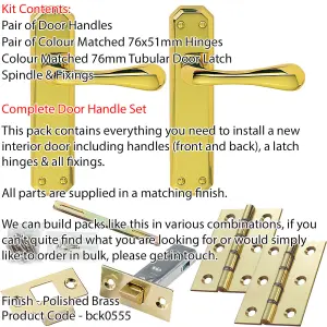 Door Handle & Latch Pack - Polished Brass - Flared End Lever On Shaped Backplate