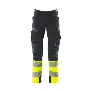 Mascot Accelerate Safe Trousers with Kneepad Pockets - Dark Navy/Hi-Vis Yellow   (33.5) (Leg Length - Regular)