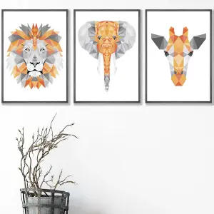 Set of 3 Geometric Orange Grey Jungle Animal Heads Wall Art Prints / 42x59cm (A2) / Dark Grey Frame