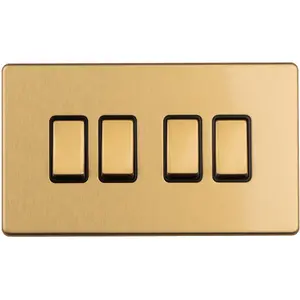 4 Gang Quad Light Switch SCREWLESS SATIN BRASS 2 Way 10A Metal Rocker Slim