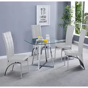 Melito Square Glass Dining Table With 4 Ravenna White Chairs