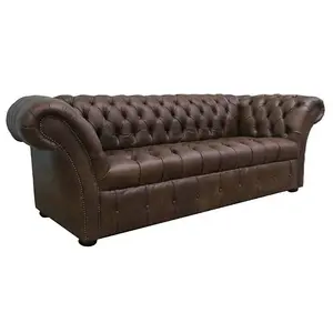 Chesterfield 3 Seater Sofa Buttoned Seat Cracked Wax T Brown Leather In Balmoral Style