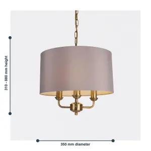 First Choice Lighting Pair of 3 Light Antique Brass Pendant Chandelier with Grey Fabric Shade