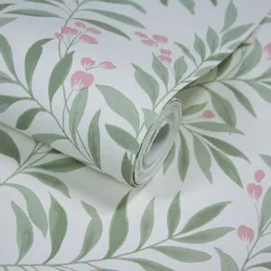 Grandeco Sage Trail Foliage and Flowers Textured Wallpaper, Green