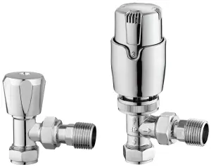 KeenFix Chrome Brass Angled Thermostatic Towel Rail & Radiator Valves