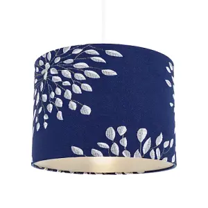 Modern Navy Midnight Blue Drum Lampshade with Off-White Floral Decoration