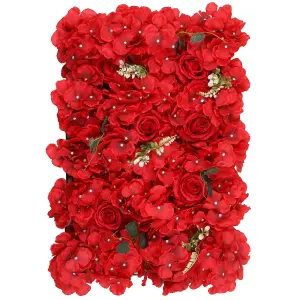 Artificial Flower Wall Backdrop Panel, 60cm x 40cm, Red with Green Leaves