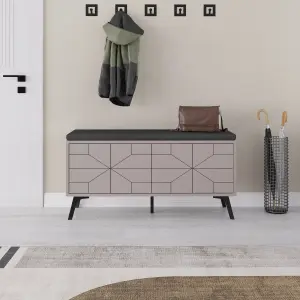 Decortie Modern Dune Shoe Storage Bench with Mocha Grey Fabric Seat 4 Doors Cabinet 107(W)cm Metal Legs Organizer Hallway