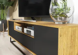 Rift Loft TV Unit 200cm Industrial Dark Oak & Black Matt Doors - Creative Furniture