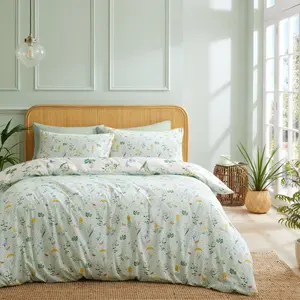 Anhthu Cotton Floral Duvet Cover Set with Pillowcases White/Green / Single Duvet Cover + 1 Standard Pillowcase