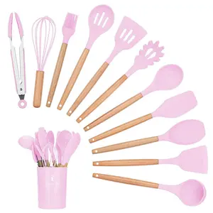 Silicone Cooking Utensils Kitchen Utensil Set, 12 Pieces Natural Wooden Handles Cooking Tool BPA Free Non Toxic Silicone Turner Tongs Spatula Spoon Kitchen Gadgets Utensil Set (Purple) Pink