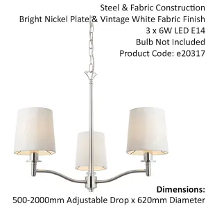 Bright Nickel 3 Light Ceiling Pendant Fitting & Vintage White Fabric Shades