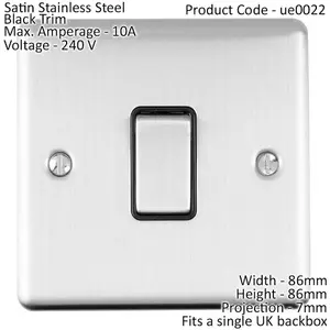 1 Gang Single INTERMEDIATE Light Switch SATIN STEEL & Black 10A Metal Rocker