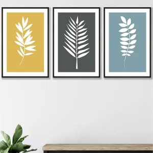 Set of 3 Framed Yellow, Grey, Blue Graphical Leaves Wall Art Prints / 42x59cm (A2) / Black Frame