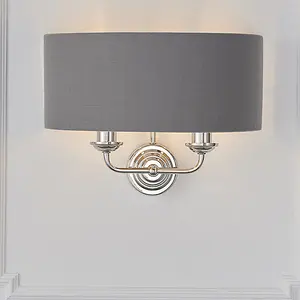 Luminosa Highclere Shade Wall Lamp Bright Nickel Plate, Charcoal Fabric