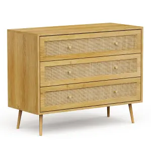 VonHaus Chest of Drawers for Bedroom, Scandi Style Natural Rattan 3 Drawer Organiser, Wicker Dresser for Bedroom & Living Room