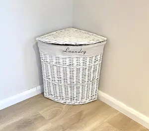 White Corner Wicker Laundry Basket with Cotton Lining Medium 48x37x52cm