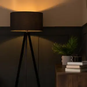 ValueLights Barbro Modern Black Wood Tripod Design Floor Lamp with a Charcoal Grey Drum Shade