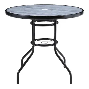 Black Round Garden Tempered Glass Wood Grain Coffee Table with Umbrella Hole 80cm