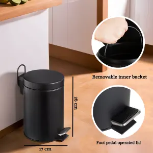 Interiors By Premier Compact 3Ltr Matte Black Pedal Bin, Stylish Design Composite Bin For Kitchen, Convenient Bin With Handle