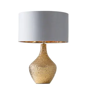 ValueLights Bailey Metallic Gold Indent Textured Ceramic Table Lamp with Grey Gold Drum Shade