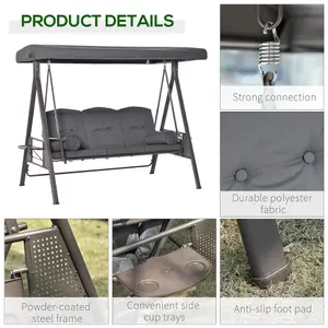 Outsunny 3 Seat Garden Swing Chair Patio Steel Swing Bench w/ Cup Trays Grey