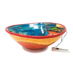 Tuscany Hand Painted Village Ceramic Kitchen Dining Large Wonky Curvy Bowl (D) 22-25cm