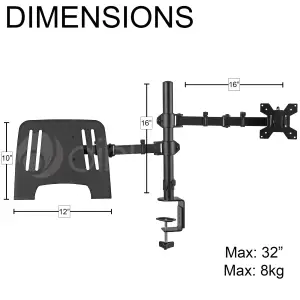 Dihl Monitor Stand Arm "13-27" with Laptop Shelf Mount Clamp