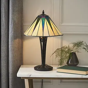 Luminosa Dark 1 Light Small Table Lamp Black, Tiffany Style Glass, E14