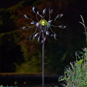 Gemini Garden Wind Spinner with Solar Powered Crackle Globe - Outdoor Garden Decoration with Multicoloured LED Light - H130cm