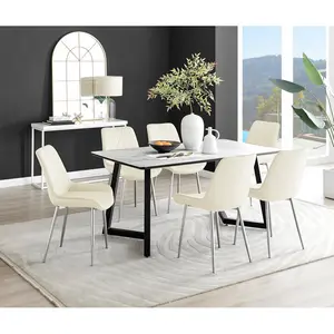 Industrial Design White & Grey Marble Effect Melamine Dining Table Set with 6 Luxury Velvet Chairs Cream/Silver