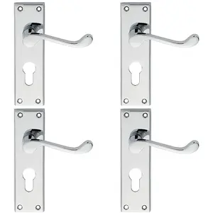 4 PACK - Victorian Scroll Latch & EURO Lock Door Handle Polished Chrome Lever Backplate