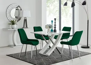 Furniturebox UK Mayfair 4 White High Gloss And Stainless Steel Dining Table And 4 Green Pesaro Silver Leg Chairs