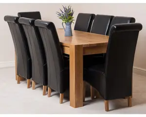 Kuba 180 x 90 cm Chunky Oak Dining Table and 8 Chairs Dining Set with Montana Black Leather Chairs