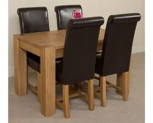 Kuba 125 x 80 cm Chunky Oak Small Dining Table and 4 Chairs Dining Set with Washington Brown Leather Chairs