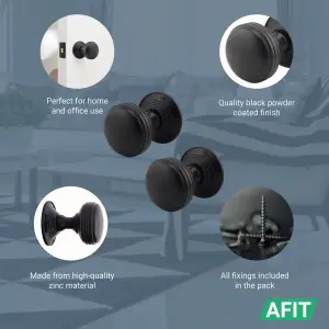 AFIT Lined Door Knobs Matt Black - 2 Pairs of Mortice Knobs (55mm) for Internal Doors