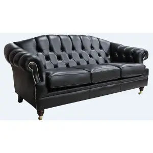 Chesterfield 3 Seater Old English Black Leather Sofa Settee Bespoke In Victoria Style