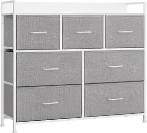 SONGMICS Fabric Drawer Chest, Bedroom Storage Cabinet, 7 Drawers with Handles, Metal Frame, Dove Grey and Cloud White