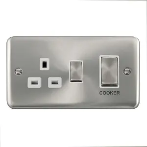 Our Curved Edge Satin / Brushed Chrome Cooker Control Ingot 45A With 13A Switched Plug Socket - White Trim - SE Home