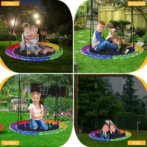 Costway 100cm Flying Saucer Tree Swing 8 Light Modes Hanging Round Swing 300kg Capacity